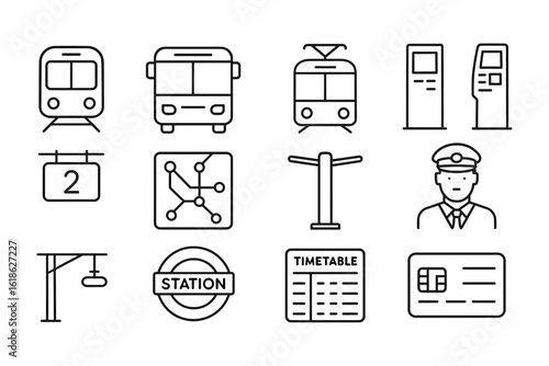 Public transportation icons: train, bus, ticket, map, station, timetable