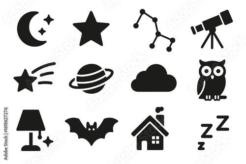 Nighttime icon set: celestial symbols, owl, and telescope silhouettes