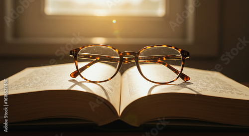 Tortoiseshell Glasses Resting on Open Book Warm Sunlight Reading Concept.