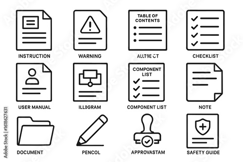 Instructional and warning icons set: documents, safety guide, user manual, checklist, pencil