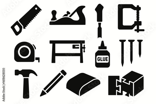 Collection of black silhouette woodworking tools icons