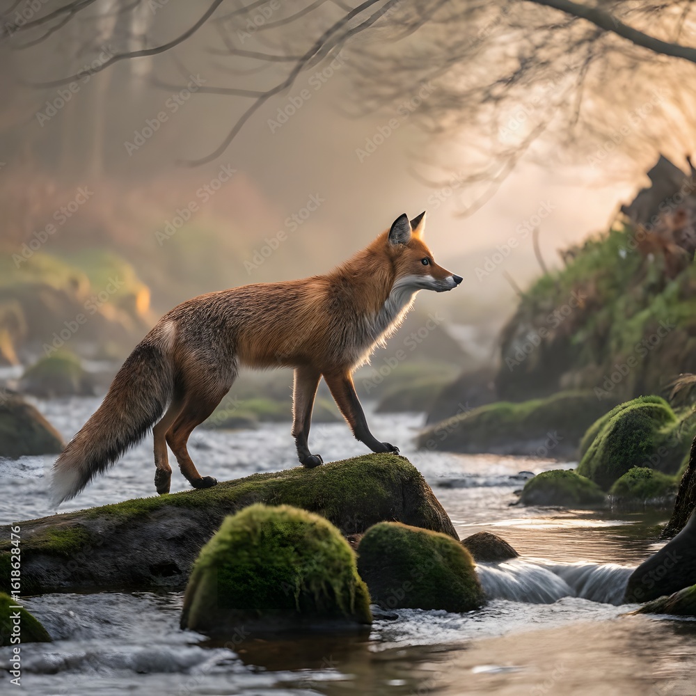 Fototapeta premium Beautiful red fox standing on a few stones over the water surface. Very focused on its prey. Pure natural wildlife photo. Ready to hunt.