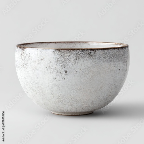 A wide, shallow, off-white ceramic bowl with a dark brown rim and speckled, reactive glaze