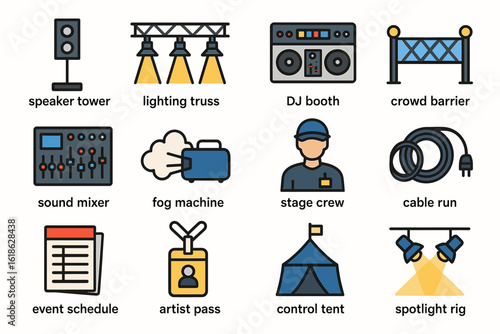 Event equipment icons: speaker tower, dj booth, sound mixer, stage crew, spotlight rig