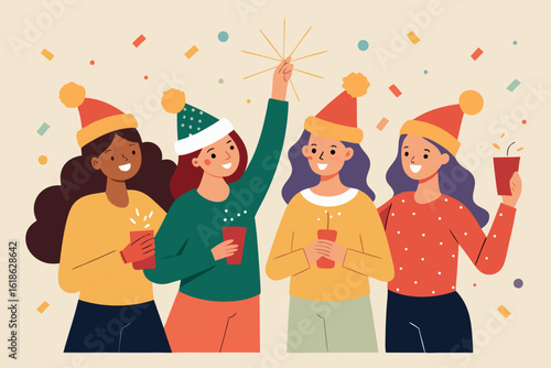Group of friends celebrating new years eve with sparklers and confetti