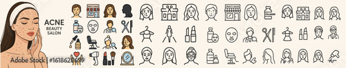 Horizontal vector banner featuring acne skincare woman and comprehensive beauty salon icon set for treatments, cosmetics, wellness and hairstyling.