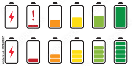 Battery symbols with fast charging, exclamation, low and full charge signs. symbol charge battery icons. Battery Full charge indicator, low charge sign. Vector illustration. 