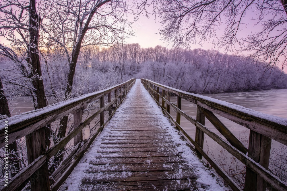 Fototapeta premium snow-covered wooden bridge over frozen river with forest backdrop, soft pink sunset sky, no text.