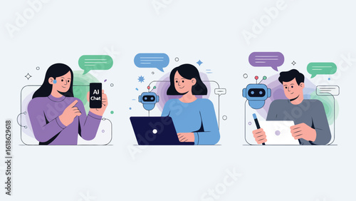 AI Interaction: Futuristic illustration of individuals interacting with AI on a phone, laptop, and tablet.