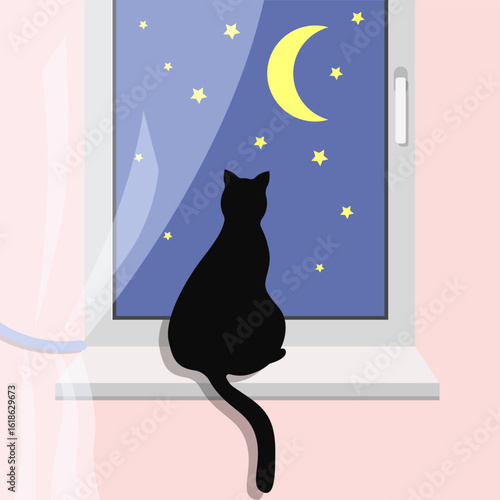 A black cat sits on the windowsill and watches the starry sky.