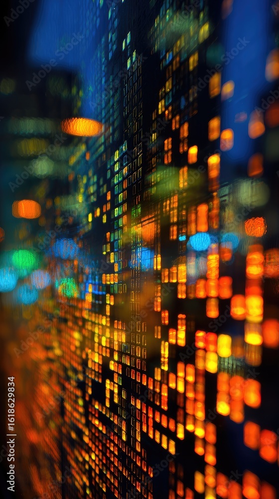 Obraz premium Abstract cityscape at night, blurred lights form a mosaic of warm and cool colors, suggesting movement and energy