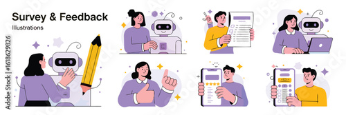 Survey & Feedback: A modern illustrative composite, showcasing diverse interaction scenarios related to surveys and feedback, employing sleek lines and a pastel palette.