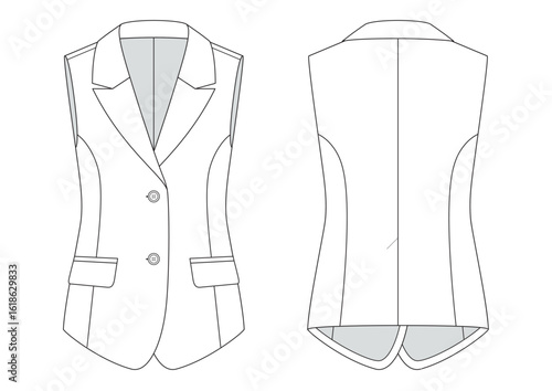 Vector fashion technical drawing of a suit vest with front and back view. Peak lapel. Two buttons. Flap pockets. Single vent. Woven fabric.