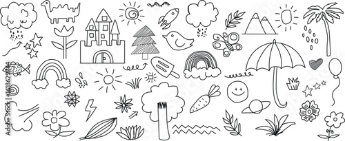 Simple sketch line style elements. Doodle cute ink pen line elements isolated on white background. Doodle arrow, heart, star, decoration symbol, icon set. Hand drawn vector illustration
