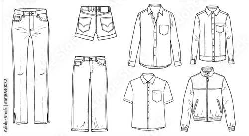 Technical flat drawings of various casual fashion garments: women's jeans, men's denim shorts, long and short-sleeve button-up shirts, and a bomber jacket, in black and white line art.