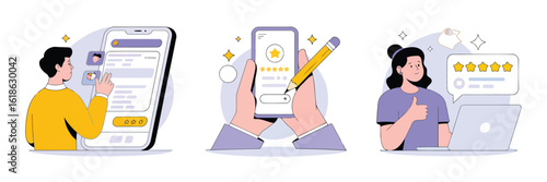 Customer Review Process: A person uses a smartphone and laptop to access customer reviews and rate services, offering a snapshot of the user interface.