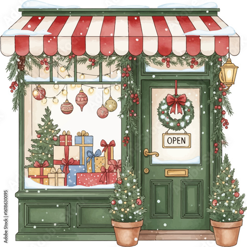 Cozy Christmas Shop Facade with Festive Decorations and Gifts