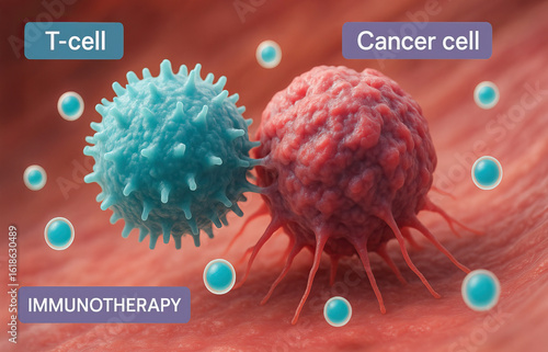 T cell attacking cancer cell represents immunotherapy concept in medical science with detailed cellular structure and interaction in human tissue environment