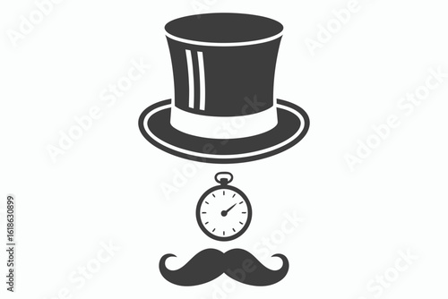 Top hat pocket watch and mustache gentleman style isolated on white background