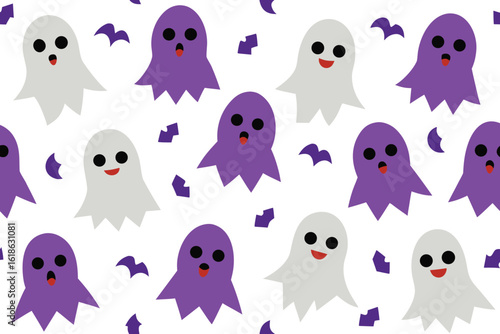  cute halloween pattern with purple and white ghosts and small flying bats on a white background, creating a playful and spooky atmosphere for the holiday vector illustration