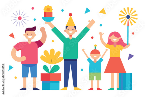 A group of friends celebrate at a party with confetti and flags