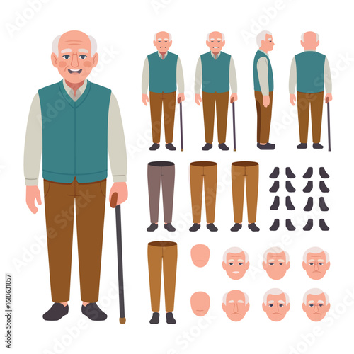 Senior Citizen Character Set: This image is a friendly representation of an elder person character set. Including various poses and interchangeable elements.