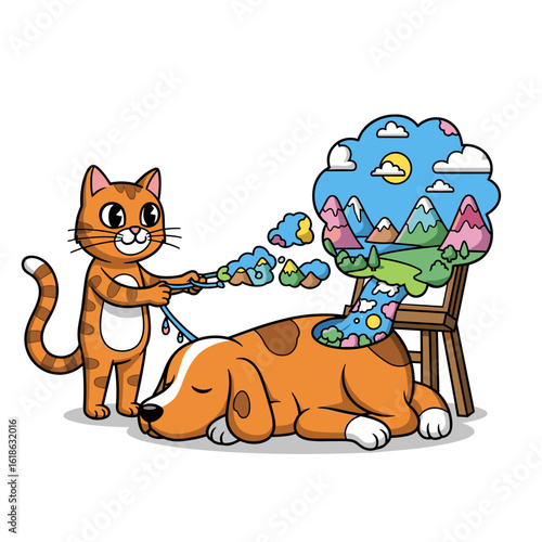 Orange Cat Extracting Dream Landscape from Sleeping Dog's Head onto Easel Illustration