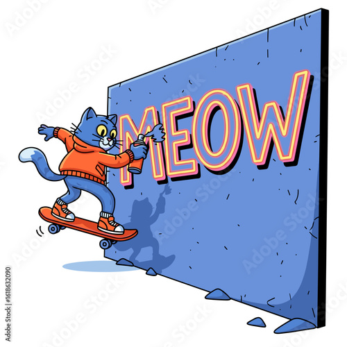 Skater Cat Spray Painting "MEOW" Graffiti on a Blue Wall Illustration