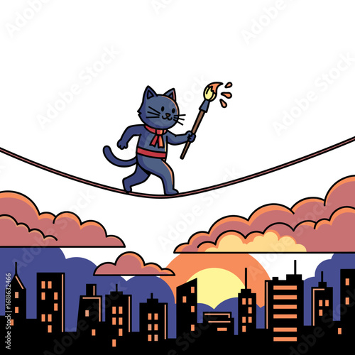 Black Cat Artist Tightrope Walking Above City at Sunset