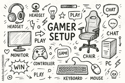 Gamer setup doodle: gaming chair, headset, monitor, keyboard, mouse, pc, controller