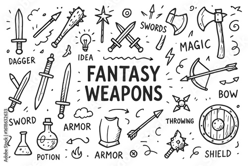 Fantasy weapons collection: swords, daggers, axes, bows, shields, armor, magic items