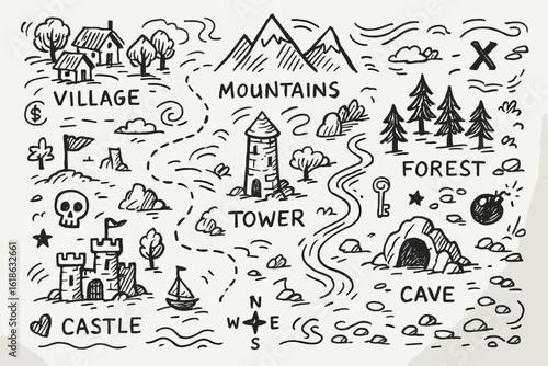Hand-drawn treasure map with village, mountains, tower, forest, and castle