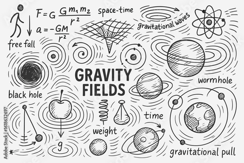 Gravity fields: space-time, black holes, wormholes, gravitational waves, and physics concepts