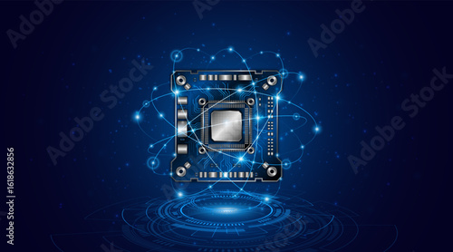 Microchip processor circuit board technology on dark blue background. Information Processing Concept. Circuit board hi-tech technology background. vector illustration	