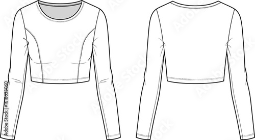 Long sleeve crop top technical flat sketch, front and back view, stylish activewear fashion CAD drawing, vector illustration design