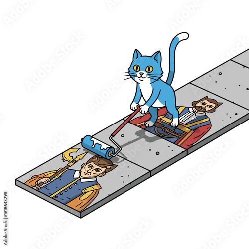 Cute Cartoon Blue Cat Painting Over Historical Portraits on Floor Tiles with Paint Roller