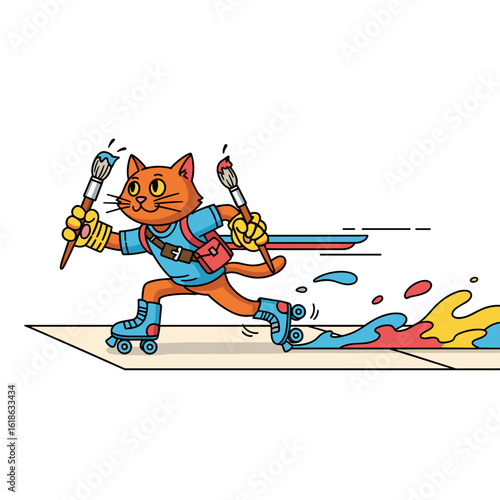 Energetic Cartoon Cat on Roller Skates Painting Colorful Trail