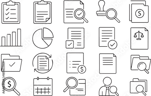 Audit Line Icons Set – Editable Stroke Vector Illustrations of Inspection, Financial Check, Compliance, and Assessment