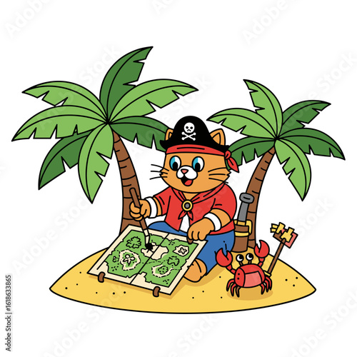 Orange Pirate Cat Painting Treasure Map on a Desert Island