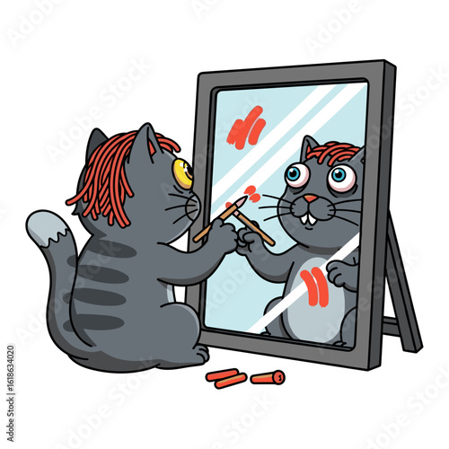 Humorous Grey Cat Painting its Reflection in a Mirror with Crayons Creating a Wild Look Illustration