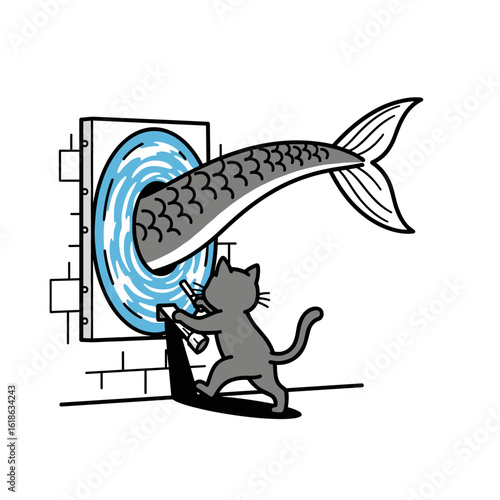 Mysterious Grey Cat Painting a Fish Tail Emerging from a Magical Portal in a Wall Illustration