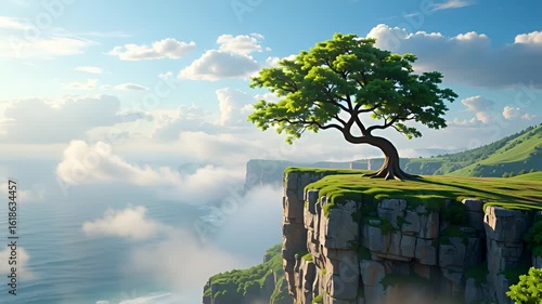 Anime Style Tree on Cliff with Moving Clouds – Seamless Loop Animation