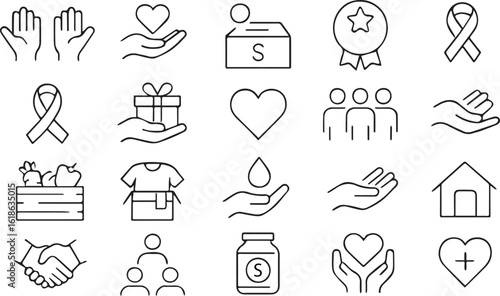 Charity and Volunteering Line Icons Set – Editable Stroke Vector Illustrations of Giving, Support, Donations, and Help