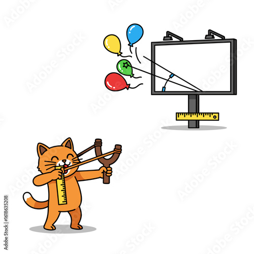Mischievous Cat Using Slingshot to Shoot Balloons at Blank Billboard Illustration