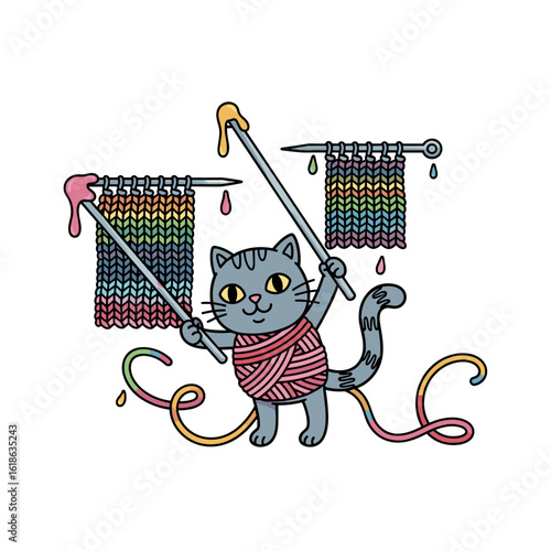 Playful Cat Knitting with Colorful Rainbow Yarn Creating Art Illustration