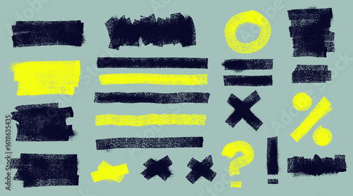 Black and green brush drawn bold geometric shapes, asterisks and circles. Template punk style rough symbols, shapes. Vector squiggle thick lines, curly brush strokes for design, banner, print, collage