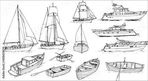 Detailed Hand-Drawn Line Art Collection of Diverse Boats and Watercraft, Showcasing Sailing Ships, Modern Yachts, and Classic Rowboats for Nautical Designs.
