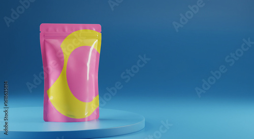 Pink Pouch Mockup with Yellow Circle on Blue Podium Minimalist Product Display.