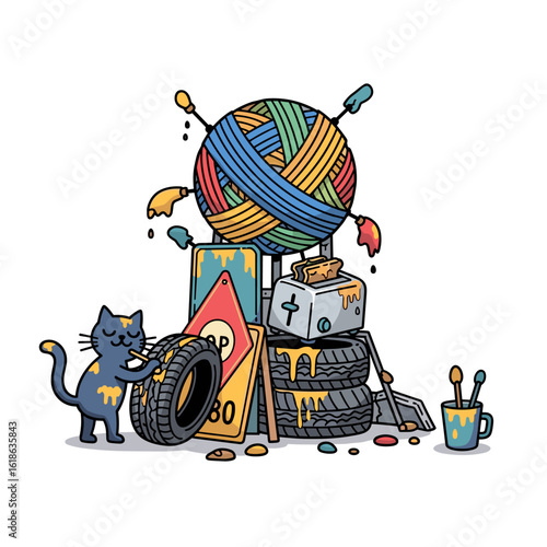 Creative Cat Painting Car Tires and Road Signs with Mixed Media and Yarn Illustration