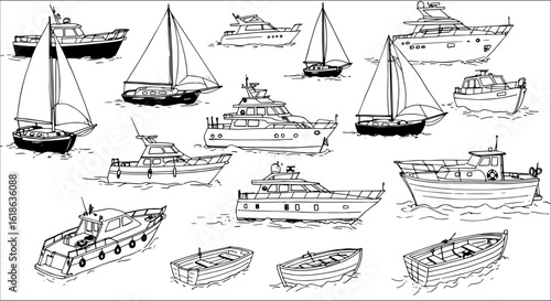 Black and white line art illustration showcasing a variety of boats and ships, including sailboats, yachts, motorboats, and small rowboats, floating on water.